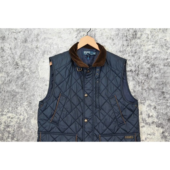 Vintage Polo Ralph Lauren Blue Quilted Corduroy Collar Full Zip Vest Jacket L - Picture 2 of 7